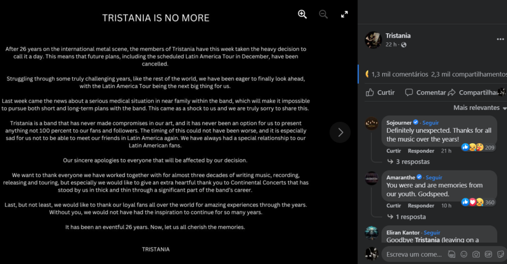 TRISTANIA anuncia fim da carreira; shows no Brasil estão cancelados