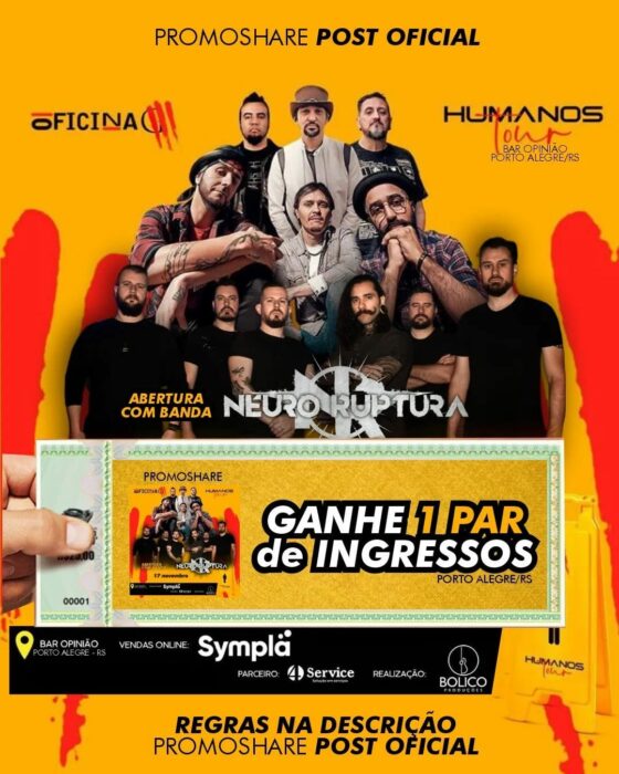 NEURO RUPTURA: divulgado sorteio de um par de ingressos para show junto à banda Oficina G3